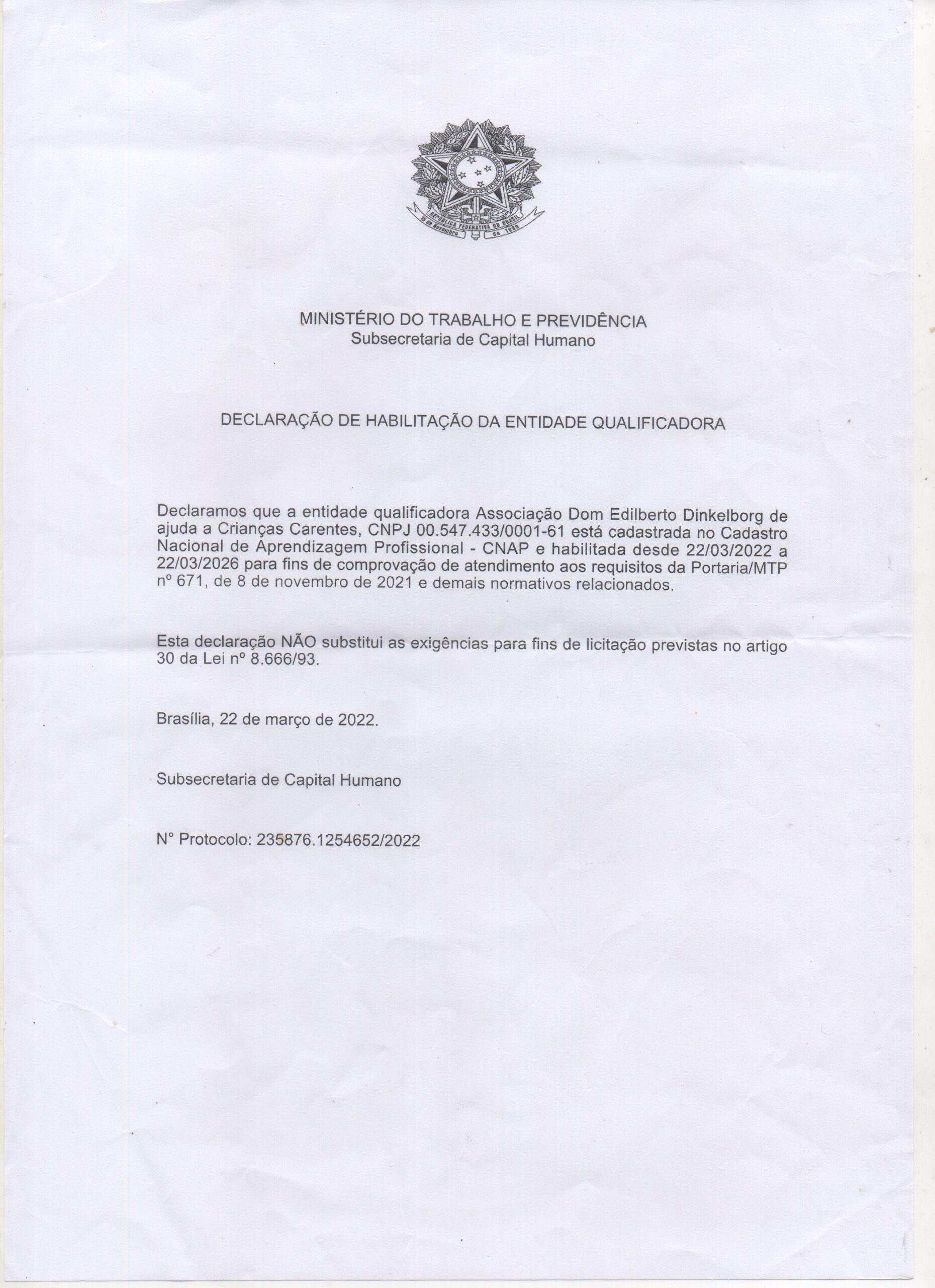 Declaração de habilitação da entidade qualificadora